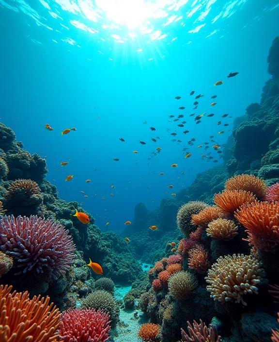 Un banco de peces nadando en un arrecife de coral sano.