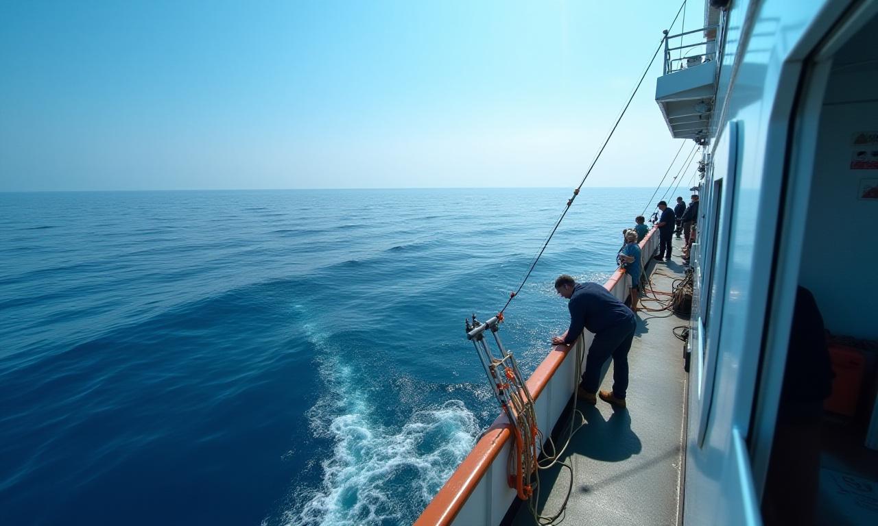 Buque de investigación oceanográfica utilizando herramientas de muestreo.