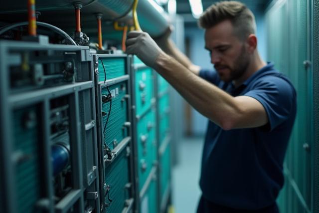 HVAC system being inspected with air filter in foreground, clean air theme