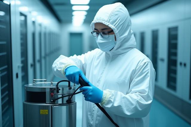 Technician in cleanroom attire using specialized equipment for dust removal in a laboratory setting